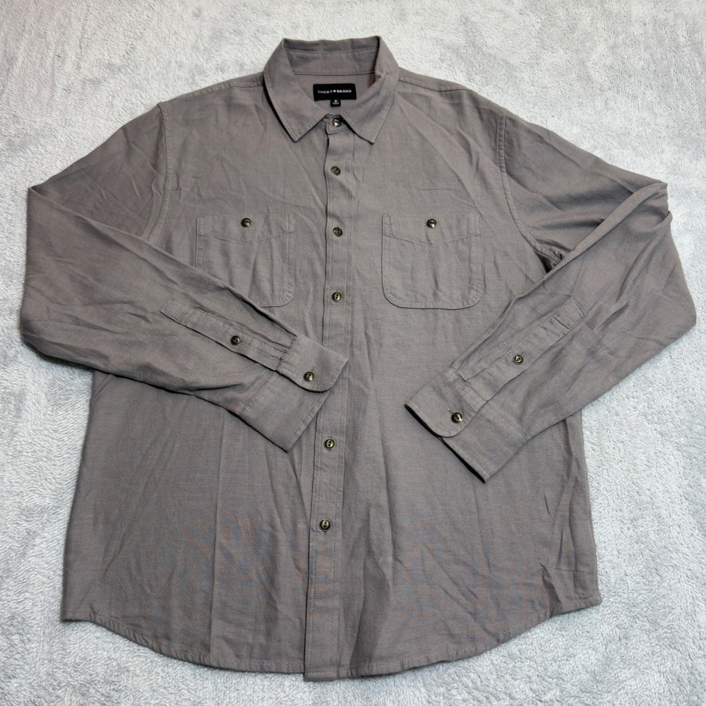 Lucky Brand Button Down Shirt Mens Size M Gray Twill Long Sleeve Cotton Pockets